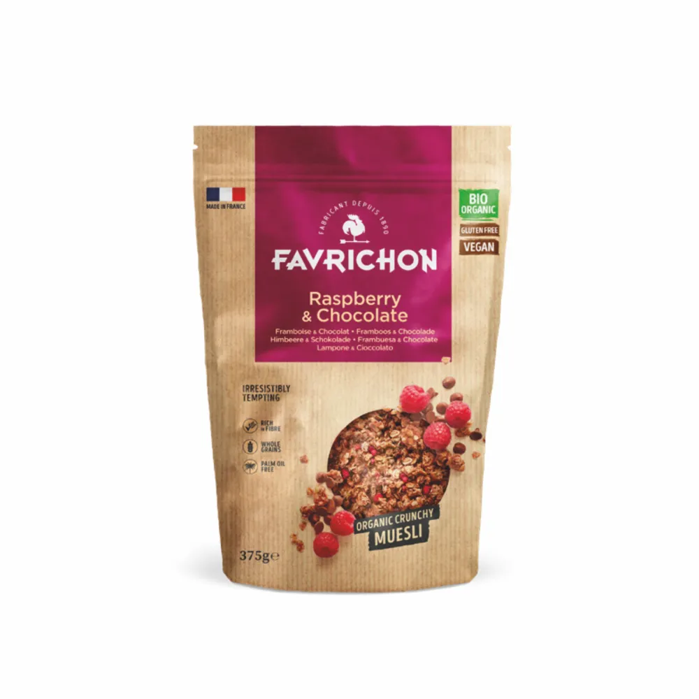 Muesli Crujiente Bio Frambuesa y Chocolate Sin Gluten Favrichon, 375g.