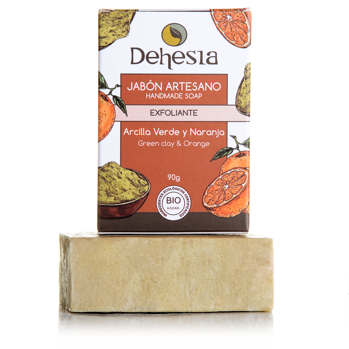 Jabón Artesano Exfoliante con Arcilla verde y Naranja, 90g. Dehesia