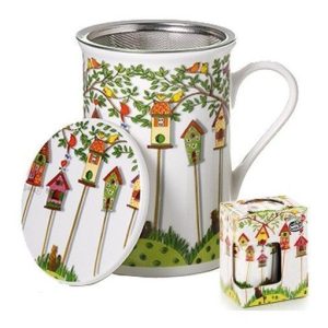 Taza de té PÁJAROS, 0,28l. Porcelana con filtro y tapa
