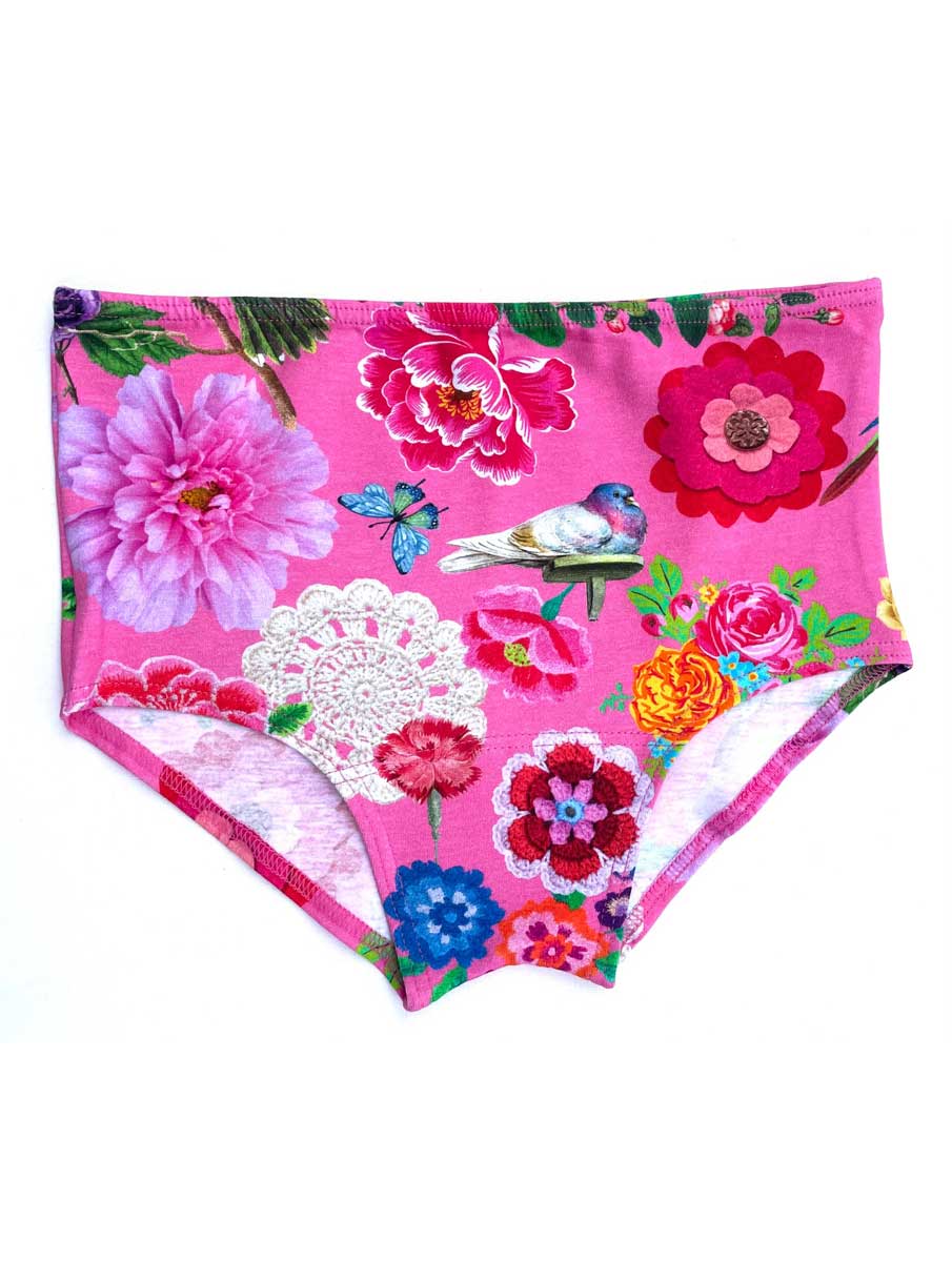 Bragas cintura alta ecológicas rosa con pájaros